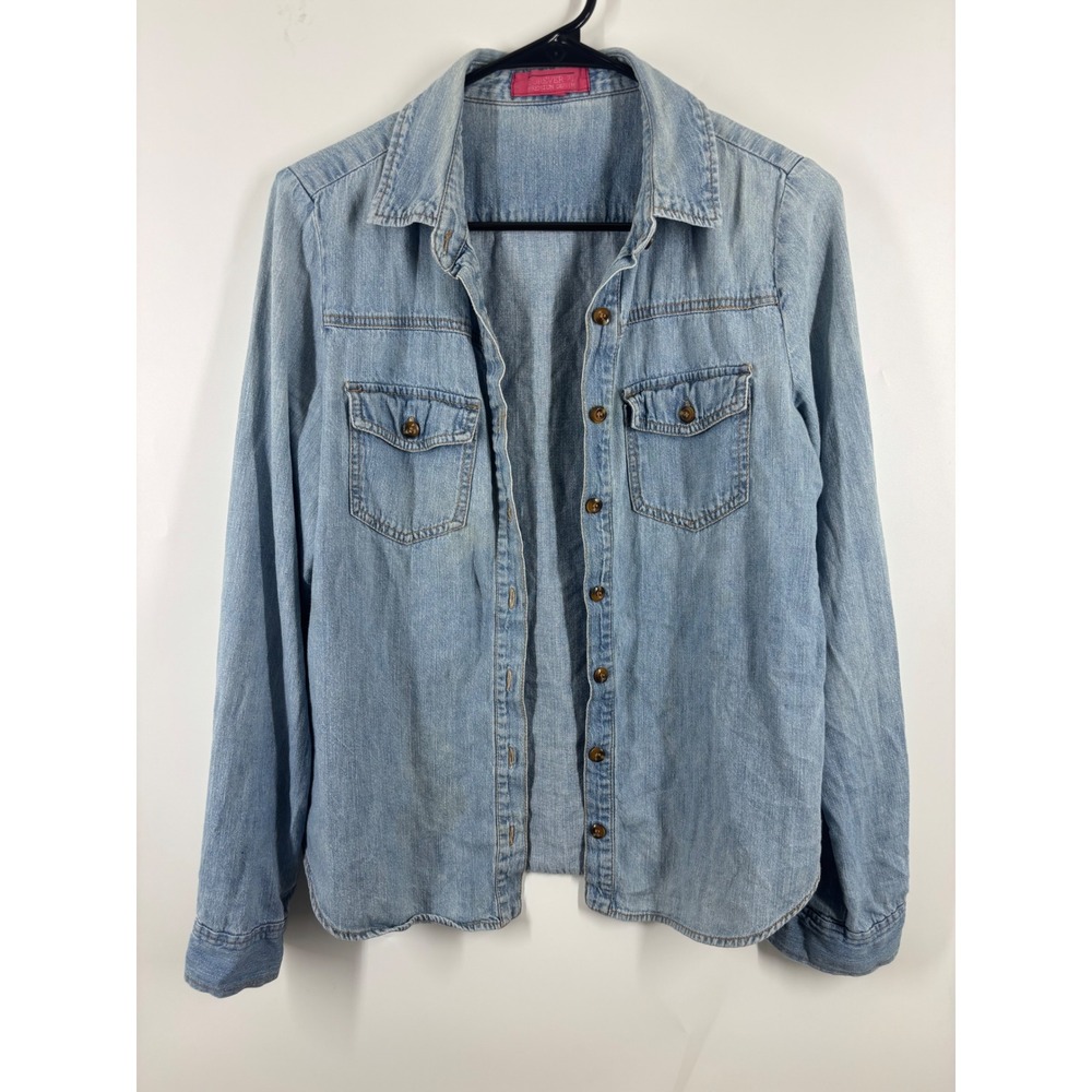 Forever 21 Premium Denim Light Wash Button Down Shirt Womens Medium Blue